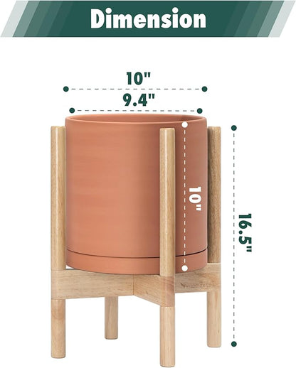 D'vine Dev Terracotta Planter with Natural Stand - 10 Inch Modern Round Flower Pot with Wood Planter Holder, Terracotta, 55-B-K-5