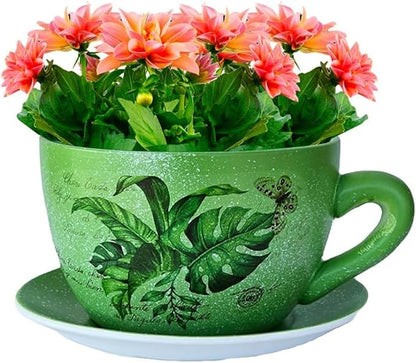 7.5" Ceramic Teacup Planter Pot with Saucer | Ideal for Succulents, Orchids, Herbs & Flowers, for St. Patrick's Day | Indoor & Outdoor Use Green - Palm Leaves