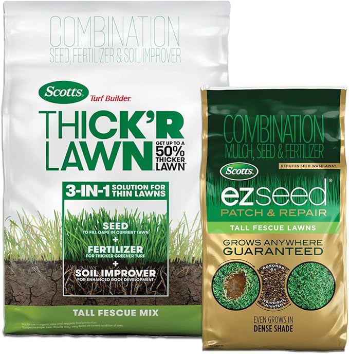 Scotts Turf Builder THICK'R LAWN and EZ Seed Patch & Repair for Tall Fescue, Grass Seed, Fertilizer, and Soil Improver Bundle