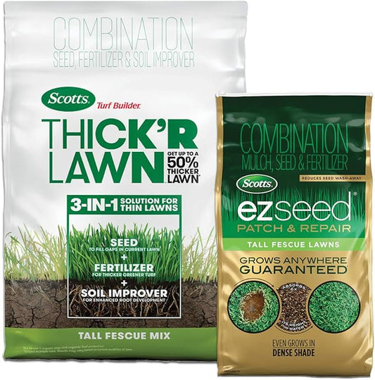 Scotts Turf Builder THICK'R LAWN and EZ Seed Patch & Repair for Tall Fescue, Grass Seed, Fertilizer, and Soil Improver Bundle