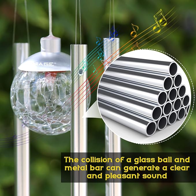 IMAGE Solar Wind Chime Outdoor Hanging Lights Crackle Glass Ball Wind Chimes Color Changing Lights with Metal Tube Hanging Garden Lights for Patio Yard Home Decor Gifts for Mom Women
