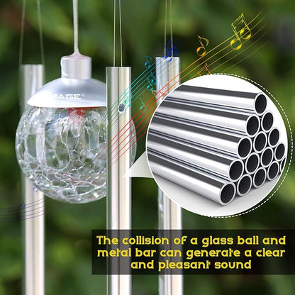 IMAGE Solar Wind Chime Outdoor Hanging Lights Crackle Glass Ball Wind Chimes Color Changing Lights with Metal Tube Hanging Garden Lights for Patio Yard Home Decor Gifts for Mom Women