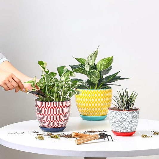 Selamica Ceramic Plant Pots, 4.6+5.6+6.5 Inch Planters with Drainage Holes & Saucer, Flower Pots for Indoor Plants, Home Decor, Set of 3, Assorted Colors