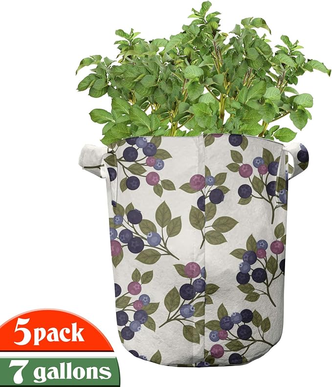 Lunarable Berries Grow Bags 5-Pack, Vintage Garden Branches, Heavyduty Fabric Pots with Handles for Plants, Ivory Purple