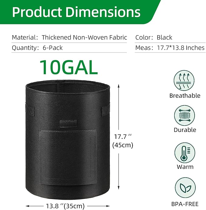 6 Pack Potato Grow Bags, 10 Gallon Planting Bags Large Fabric Pots with Flap Window Vegetable Planter Garden Pot Tall Potato Growing Containers with Handles for Vegetables, Fruits, Black + Grey