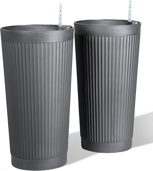 24" Large Planter Set of 2, Self Watering Tall Plastic Planters for Outdoor Plants, Modern Flower Pots Planter Outdoor for Patio, Front Door Decor, with Drainage (Gray Ribbed)