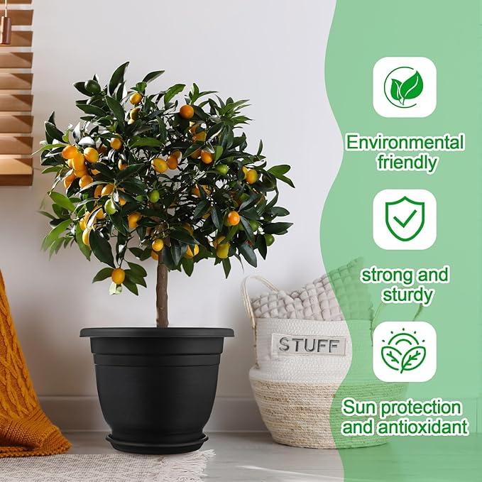 12 Pack 12' Plastic Plant Pots Round Planter Pots with Saucer Tray Seedling Pot Hole Seed Resin Plant Pot Starting Nursery Flower Container with Pallet for Garden Outdoor Indoor(Black)