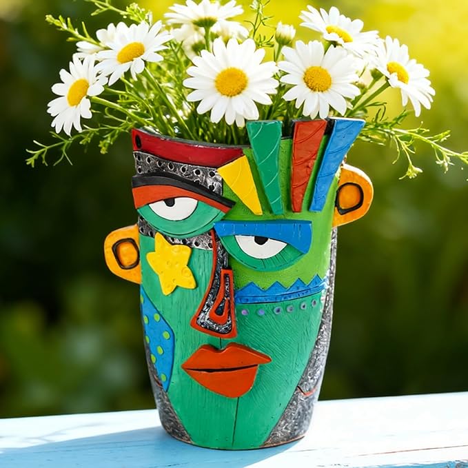 Unique Flower Pots - Abstract Picasso Face Plant Pots, Funky Planters with Drainage for Indoor Plants, Cool Head Planter for Outdoor Garden & Home Decor