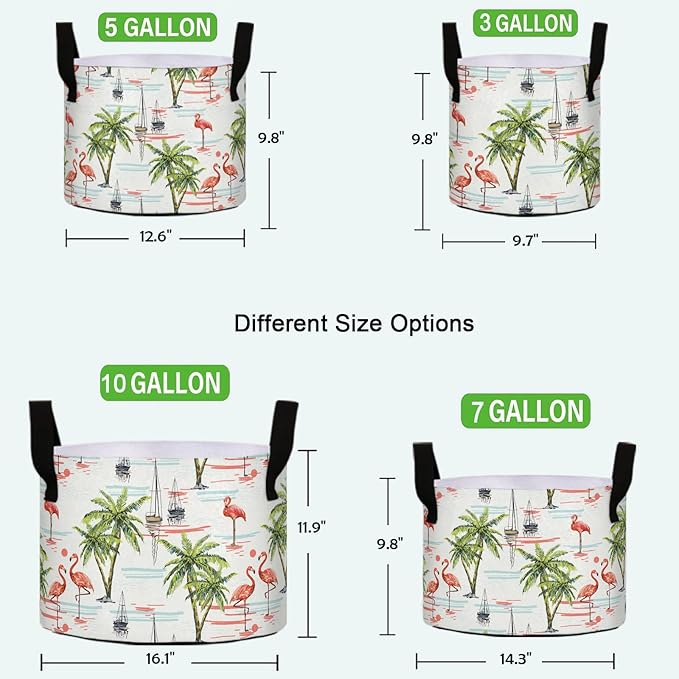 10 Gallon Flamingo Tropical Palm Trees Heavy Duty Grow Bag Breathable Planter Pot Containers with Handles for Potato Tomato Fruits Vegetables Flowers