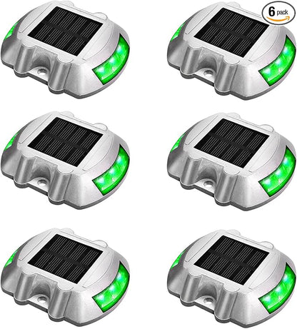 JIGUOOR Solar Deck Lights LED Driveway Lights Solar Powered Dock Light Outdoor IP68 Waterproof Road Markers for Step Sidewalk Stair Boat Garden Ground Pathway Yard (Green, 6 Pack)