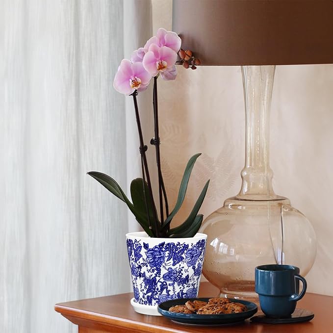 Set of 3 Decorative Plant Pots Blue and White Flower Pot, Round Ceramic Planters for Indoor Plants Pots with Drainage Hole Saucers, Retro Planter Pot for Succulents Cactus Outdoor Garden, 5.9 Inch
