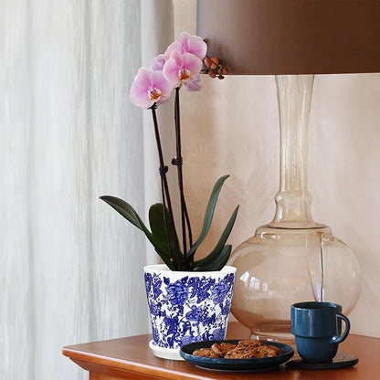 Set of 3 Decorative Plant Pots Blue and White Flower Pot, Round Ceramic Planters for Indoor Plants Pots with Drainage Hole Saucers, Retro Planter Pot for Succulents Cactus Outdoor Garden, 5.9 Inch