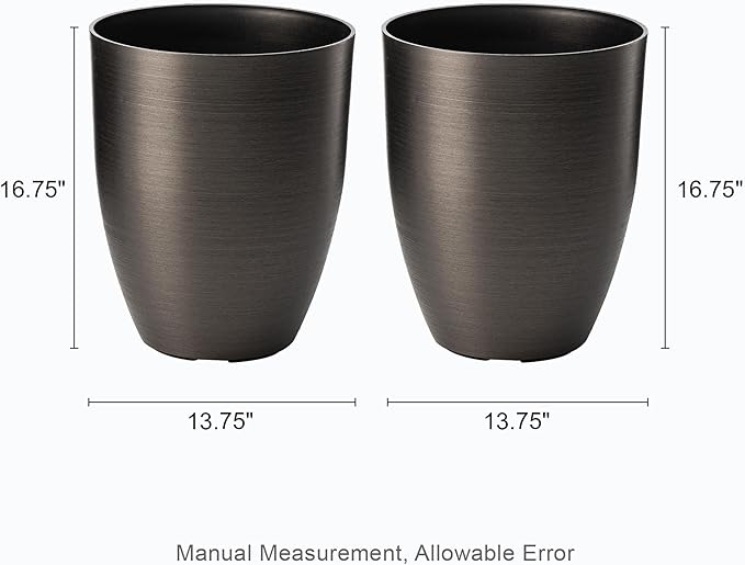Glitzhome 16.75" H Large Planters for Outdoor Plants, Set of 2 Black Tall Planter with Drainage Holes, Large Flower Pots for Front Porch, Patio, Deck, Faux Brushed Steel Texture Finish