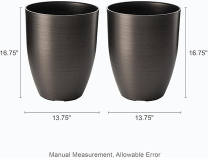 Glitzhome 16.75" H Large Planters for Outdoor Plants, Set of 2 Black Tall Planter with Drainage Holes, Large Flower Pots for Front Porch, Patio, Deck, Faux Brushed Steel Texture Finish