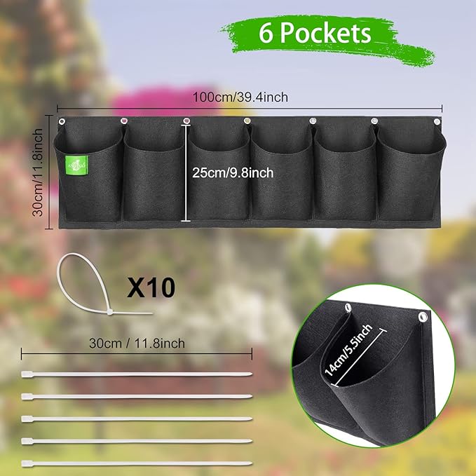 ANGTUO 6 Pockets Hanging Planters for Outdoor Plants, One Pack Wall Planter Vertical Garden, Hanging Plant Holder for Railing, Balcony, Fence