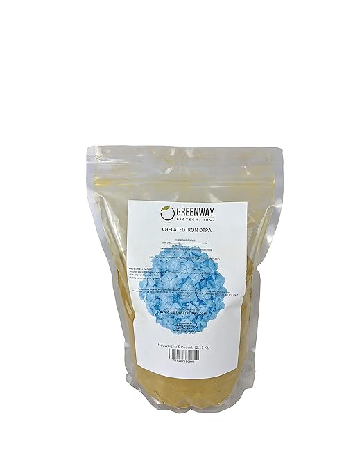 Greenway Biotech, Inc. Chelated Iron DTPA 11% - for Alkaline Soils (pH 4.0-7.5) - 100% Water Soluble Fertilizer for Citrus, Lawns & Hydroponics - Corrects Iron Chlorosis - Made in USA - 5 Pounds