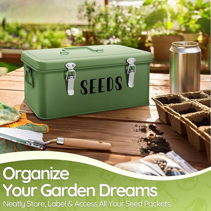 Flexzion Seed Saving Box - Metal Seed Storage Organizer Box with Lid, 4 Spacious Compartments Storage Bin for Garden Tools & More with Safety Locks, Green
