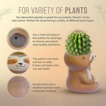 Meditating Animal Sloth Planters with Drainage Hole 4.1 x 3.5 x 3 Inch Indoor Outdoor Flower Pot for Small Plants Succulents, Herbs, Cactus, Houseplants Stand Garden Home Office Decor