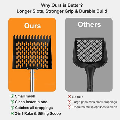 Chicken Poop Scooper and Rake – 2-in-1 Heavy Duty Metal Litter Sifter with Serrated Head & Long Mesh, Adjustable Handle for Effortless Coop Cleaning in Sand, Ideal for Chicken and Duck