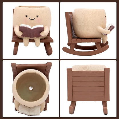 Rocking Chair Book Planter, Cute Smiley Face Succulent Plant Pots for Indoor Outdoor Plants, Unique Funny Flower Pots with Drainage Hole, Plant Gifts for Mother's Day, Birthday, Christmas