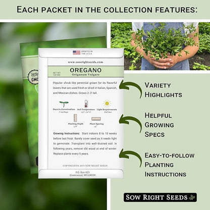Sow Right Seeds - Perennial Herb Garden Seed Collection - Mint, Lavender, Sage, Common Chives, Lemon Balm, Garlic Chives, Thyme, Peppermint, Oregano and Marjoram - Non-GMO Heirloom Seeds for Planting
