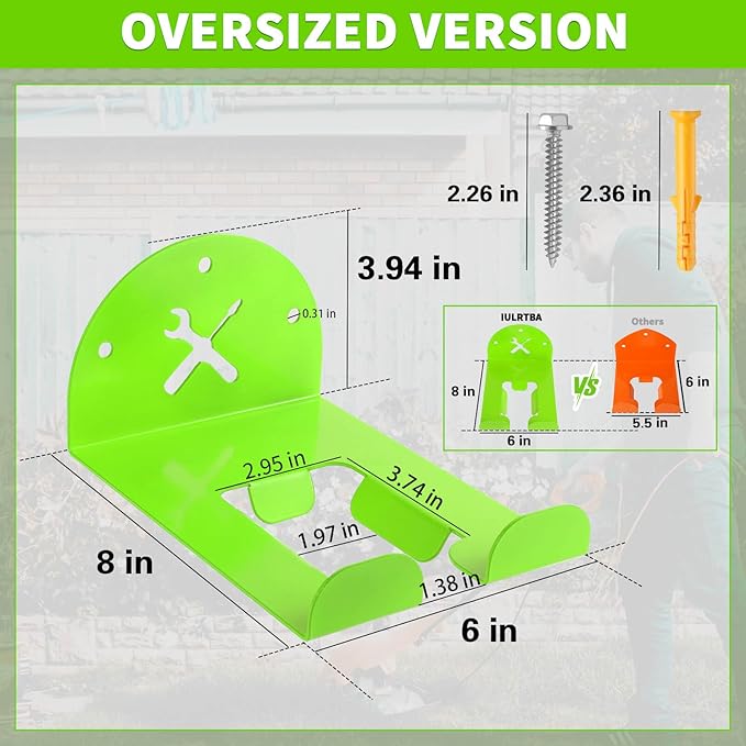 Upgraded Trimmer Rack Wall Mount - 8" Heavy Duty Weed Eater Hanger for Garage Wall Bracket, Garden Power Tool Holder Organizer Hooks for Grass Trimmer, Hedge Trimmer, Leaf Blower and Chainsaw, Green