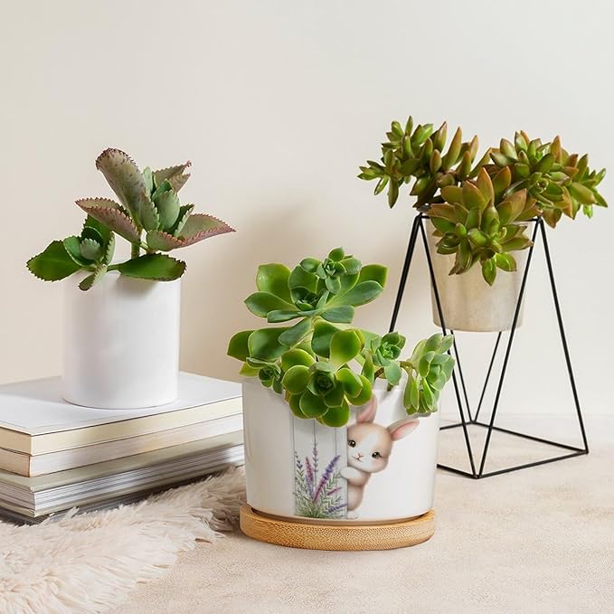 DreamAutumn Easter Bunny Peeking Ceramic Pots for Plants with Drainage Holes Round Flower Pot Bamboo Tray Orchid Pot Succulents Pots for Outdoor Indoor Plants