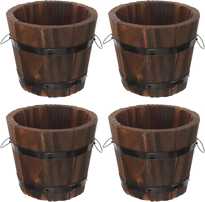 BESPORTBLE Rustic Wooden Barrel Planters: 4pcs Whiskey Barrel Bucket Flower Pots, Plants Boxes Container with Handles for Garden Outdoor Indoor Decor