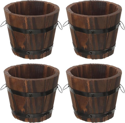 BESPORTBLE Rustic Wooden Barrel Planters: 4pcs Whiskey Barrel Bucket Flower Pots, Plants Boxes Container with Handles for Garden Outdoor Indoor Decor