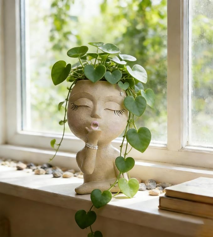 Cute Plant Pot Head Planter,Face Planters Pots Head,Succulent Pots,Unique Planters,Decorative Pots for Plants Indoor,Funny Plant Pots,Face Vase (Khaki)