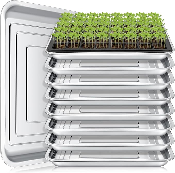 10 Pcs Stainless Steel Seed Starter Tray, Stainless Metal Garden Trays, Nursery Seedling Pots for Collection Transplantation & Propagation Flats, No Drain Holes(15.8 x 11.8 x 1.4 Inch)