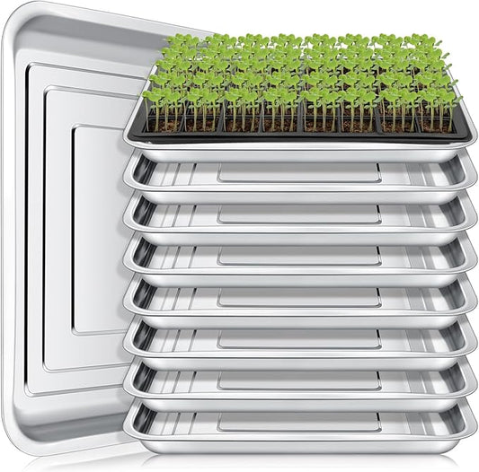 10 Pcs Stainless Steel Seed Starter Tray, Stainless Metal Garden Trays, Nursery Seedling Pots for Collection Transplantation & Propagation Flats, No Drain Holes(15.8 x 11.8 x 1.4 Inch)