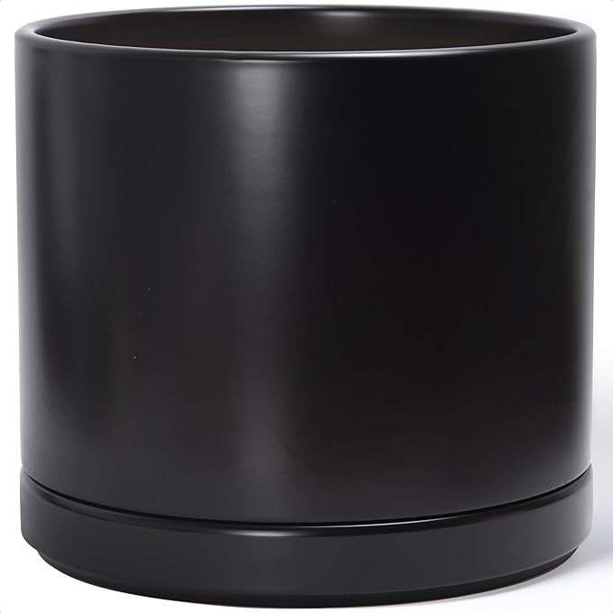 D'vine Dev 16 Inch Ceramic Planter Pot with Drainage Hole and Saucer, Indoor Cylinder Round Planter Pot, Black, 94-O-H-2