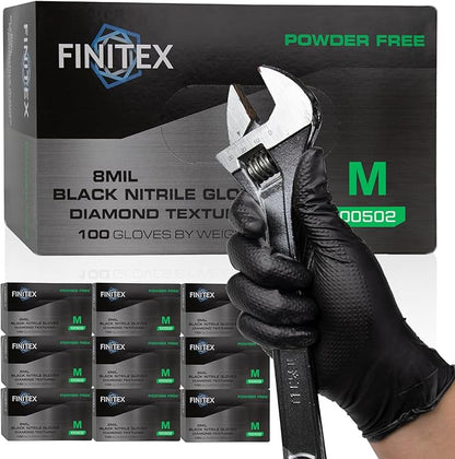 FINITEX Industrial Diamond Texture Nitrile Black Glove - 100/1000PCS Chemical Resistant 8mil Mechanic Disposable Gloves