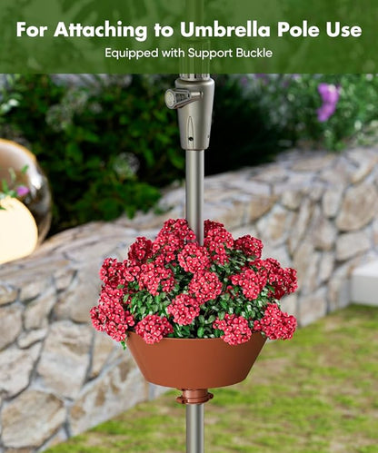 Koutemie 2-in-1 Umbrella Planter for Patio Table & Pole, Half Round Flower Planters Pots with Umbrella Hole Fits Poles Up to 2” Diameter, PVC Post Planter Wrap Around Umbrella for Garden, Brown