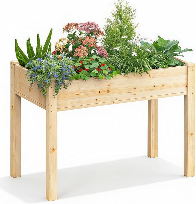 NEWBULIG Raised Garden Bed with Legs 48x24x30in,Elevated Wood Planter Box Stand for Outdoors Garden Balcony Courtyard, Natural Wood 300 Pound Capacity, for Planting Herbs Flowers Vegetables