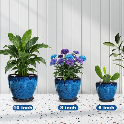 Ceramic Plant Pots with Saucer,10 inch Glaze Large Planters for Indoor Plants with Drainage Holes, Decorative Flower Pots Outdoor,Modern Orchid Pots for Home Room Decor