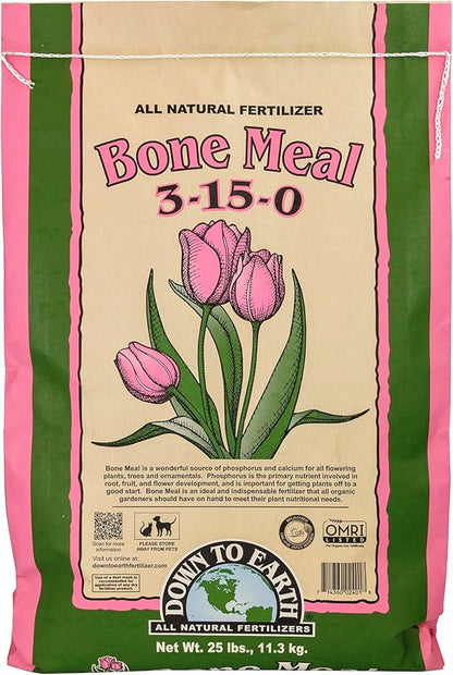 Down To Earth All Natural Fertilizers Organic Bone Meal - High Phosphorus Plant Food for Buds, Bulbs, Blooms, Flowers 3-15-0, 25 lb