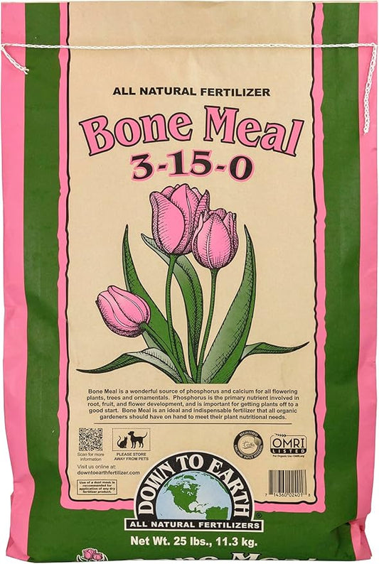 Down To Earth All Natural Fertilizers Organic Bone Meal - High Phosphorus Plant Food for Buds, Bulbs, Blooms, Flowers 3-15-0, 25 lb