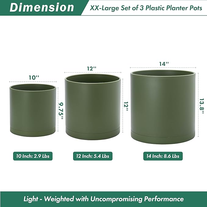 D'vine Dev 10 Inch 12 Inch 14 Inch, Set of 3 Plastic Planter Pots for Plants with Drainage Hole and Seamless Saucers, Olive, XX-Large, 74-V-I-6