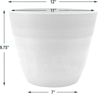 PSW Pot Collection 12-inch Plastic/Stone/Wood Composite Large Ribbed Planter – No Drainage Hole (Drillable), Indoor/Outer Garden Pot for Foliage, Trees, Flowers, Ferns, Cement Gray