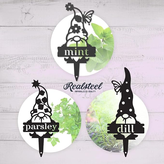RealSteel Gnome Plant Markers Metal Garden Stakes | Outdoor Garden Labels & Plant Tags for Vegetables & Herbs | Decorative Yard & Raised Bed Garden Signs | Gardening Gift | Made in USA - (Artichoke)