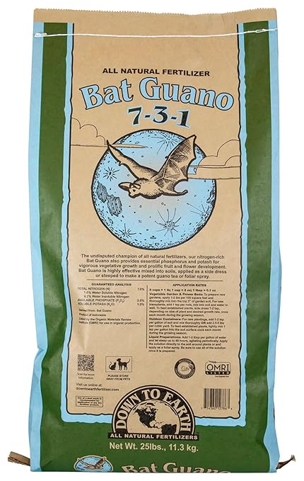 Down To Earth All Natural Fertilizers Organic Bat Guano - High Nitrogen Plant Food for Vegetative Growth 7-3-1, 25 lb