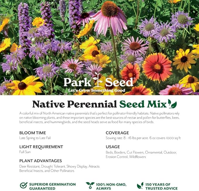 Park Seed Grow Your Own Vibrant Perennial Wildflower Garden Seeds Mixture, Easy to Grow Varieties for Pollinators and Spring Gardens - Native Perennial Mix, 5 lbs