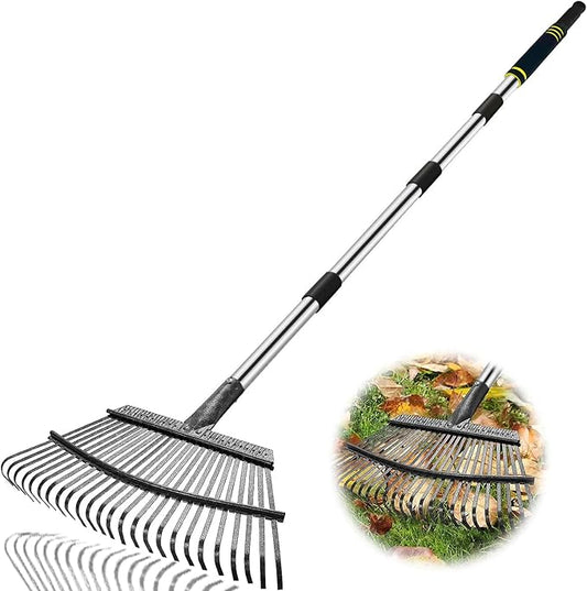 Rake Heavy Duty 6FT Long Garden Rake , 18.5 Inch Wide Leaf Rake for Lawns, 25 Metal Tines, Adjustable Stainless Steel Handle, Rakes for Leaves, Yards, Grass, Garbage, Weeds, Debris (Black)