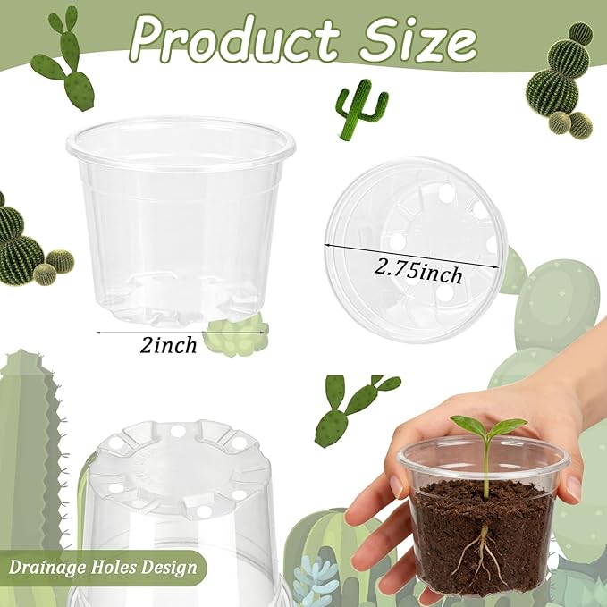 TINSKY 200 Pcs 2 Inch Clear Nursery Pots with Drainage Holes Mini Plastic Plant Pots for Seedling Seeds Germination Transplanting Seeds Starter Planting Indoor Outdoor Succulent