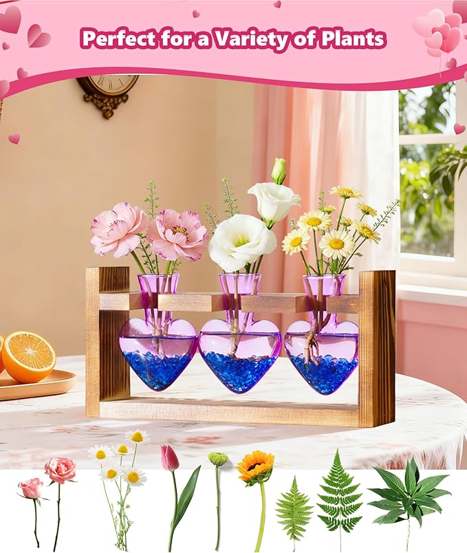 Nacome Plant Terrarium Propagation Stations: Birthday Gifts for Plant Lovers Women Mom Wife Daughter - 3 Bulb Glass Vase with Wooden Stand Tabletop for Hydroponics Home Garden Decor(Purple)
