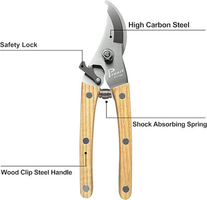 Pruning Shears for Gardening - 7.5" Hand Pruners with High Carbon Steel Blade, 5/8" Cutting Capacity, Ergonomic Wood-Inlaid Steel Handles, Safety Lock & a Spring Included - Garden Clippers