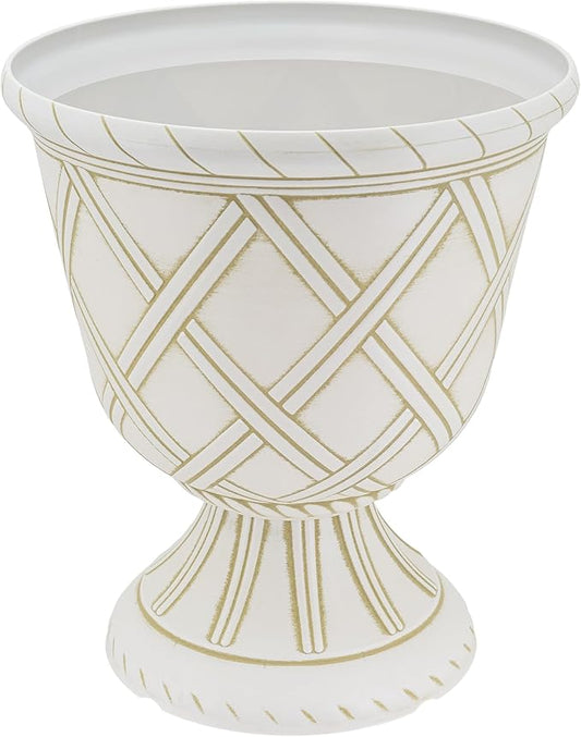 Arcadia Garden Products PL61BG Lattice Plastic Garden Urn, Classic Decorative Garden Pot Planter for Indoor and Outdoor Plants, Beige
