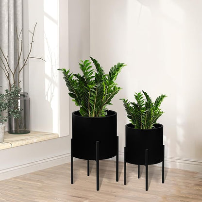 ARNIS Modern Plant Pots, Large Planters with Stand, Set of 2 Decorative Planters, Metal Plant Pots with Drainage Holes for Living Room, Office, Garden or Balcony, 10.5 &12.25 Inch, Black